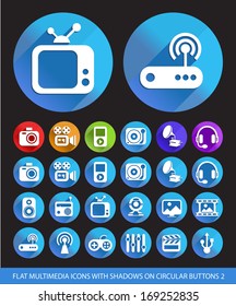 Flat Multimedia Icons with Shadows on Circular Buttons 2. 