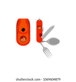Flat multipurpose tool icon. Multitool blade, knife opener, compact equipment for travel, leisure activity and adventure. Vector isolated illustration.