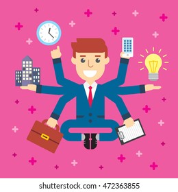 Flat multitask businessman character for presentation.