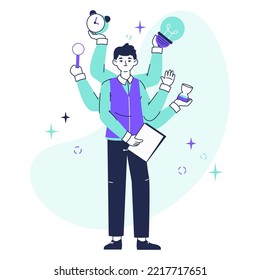 Flat Multitasking Businessman, Productive Male Office Worker. Busy Professional Multitasking Employee Doing Many Things, Linear Vector Illustration. Juggle Business Character