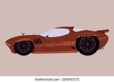 flat muscle supercar model, custom muscle car automobile, side view supercar, sport car