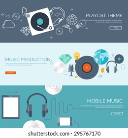 Flat music background. Music store and storage. Maps player and headphones. Mobile songs library. Media business.