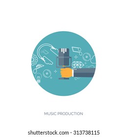 Flat music background. Music store and storage. Maps player and headphones. Mobile songs library. Media business.