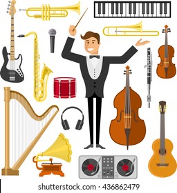 Flat music icon set with conductor at the center and musical instruments around him vector illustration