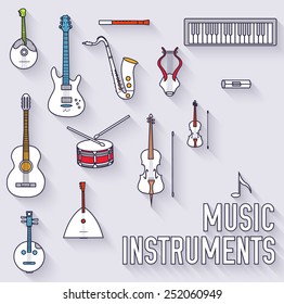 flat music instruments background concept. Vector illustrator. Thin lines outline design