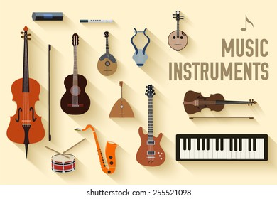 flat music instruments background concept. Vector illustrator design in retro style bright colors