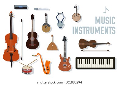 flat music instruments background concept. Vector illustrator design in retro style bright colors