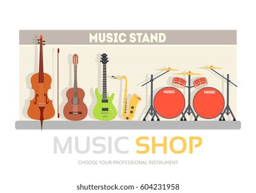 flat music instruments background concept. Vector illustrator design in retro style bright colors