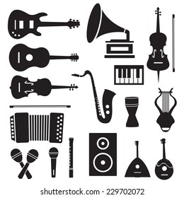 flat music instruments icons pictograms background concept. Vector illustrator for web and mobile template