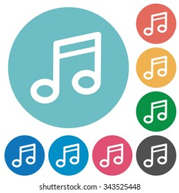 Flat music note icon set on round color background. 8 color variations included with light teme.