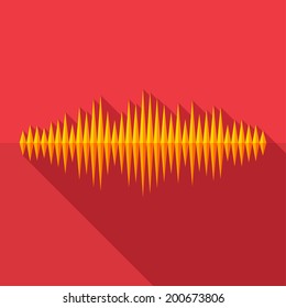 Flat music wave icon with long shadow on red background