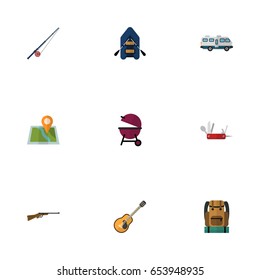 Flat Music, Weapon, Bag And Other Vector Elements. Set Of Camping Flat Symbols Also Includes Pin, Appetizer, Baggage Objects.
