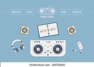 flat music website header, icon set, music theme for your site 