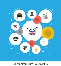 Flat Musical Instrument, Fire Wax, Aircraft And Other Vector Elements. Set Of Memorial Flat Symbols Also Includes Hat, Instrument, Headgear Objects.
