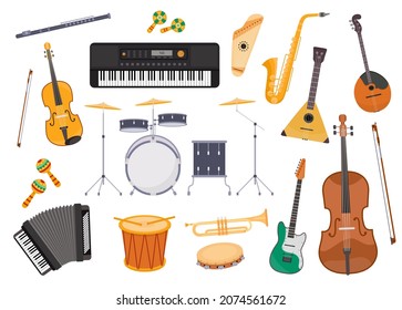 Flat musical instrument, guitar, accordion, drum, saxophone and flute. Classic folk music orchestra, jazz and rock band equipment vector set. Ethnic performance, festival or concert concept