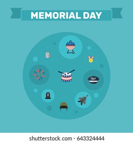 Flat Musical Instrument, Identity, Barbecue And Other Vector Elements. Set Of Day Flat Symbols Also Includes Aircraft, Tag, Tomb Objects.