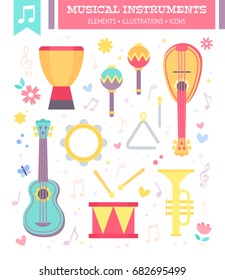 Flat musical instruments isolated on white background with notes. Vector illustration.