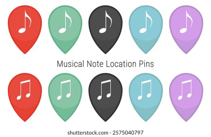 Flat musical note location pin icons in various colors. Vector icons for indicating locations related to music or sound