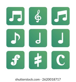 Flache musikalische Noten. Symbolsatz für Musiknotizen. Notensammlung.