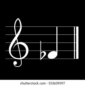 Flat musical symbol with note, treble clef  and staff on black