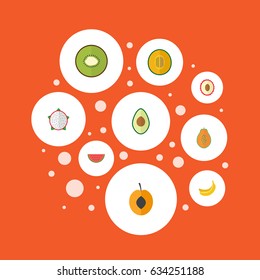 Flat Muskmelon, Pawpaw, Jungle Fruit And Other Vector Elements. Set Of Fruit Flat Symbols Also Includes Muskmelon, Avocado, Pawpaw Objects.