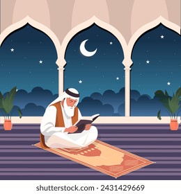 Flat muslim man reading the quran in the mosque design illustration