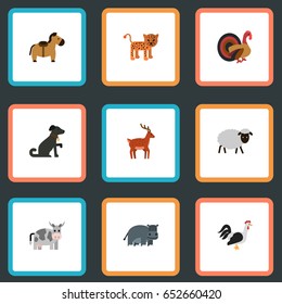 Flat Mutton, Horns, Rooster And Other Vector Elements. Set Of Zoology Flat Symbols Also Includes Pooch, Dog, Gobbler Objects.