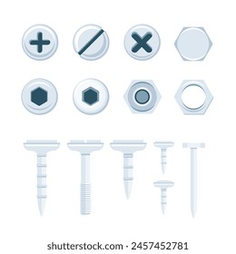 Flat nails caps. Bolt heads top view. Metal screws, nuts. Construction steel screw.
