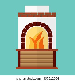 Flat national ethnic Russian oven illustration, stove oven fire. Brick, wood and fire. Stone at Russia home