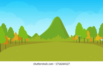 Flat natural background with landscape, mountainous and green yard. Spring scenery with green grass and blue sky.
