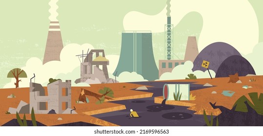 Flat natural environmental disaster or cataclysm with chemical air pollution and abandoned broken buildings. Industrial accident on nuclear power plant with ruins with destroyed. Destruction in city.