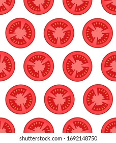 Flat natural food seamless pattern. Red juicy tomato slice isolated on white.  