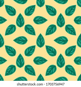 Flat natural food seamless pattern. Fresh green leaf on yellow background texture for print, paper, kitchen design, fabric, cafe decor, wrap, backgrounds, menu, ads. Vector illustration