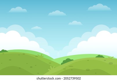 Flat natural green field landscape view and blue sky background illustration