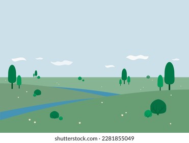 Flat natural green field landscape view and blue sky background illustration. Summer green fields view, spring lawn hill and blue sky,  vector background illustration. Place for text
