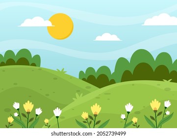 Flat natural green landscape and flower background vector design illustration