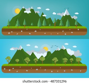 Flat natural illustration with mountains and forests