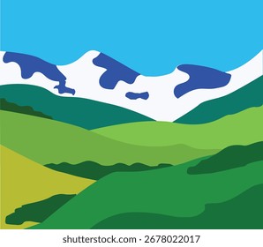 Flache natürliche Illustration mit Bergen, Wäldern, Feld und Himmel