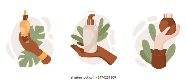 Flat natural makeup cream tube, colorful cartoon skin care shampoo jar in hand, organic cleansing beauty product set, minimal moisturizing bodycare oil bottle, vector illustration.