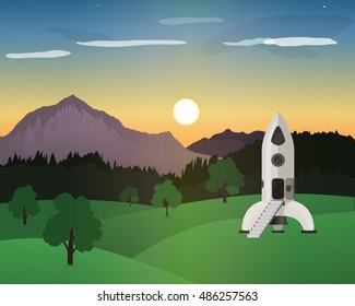 Flat natural mountain beautiful landscape and space ship on the field.