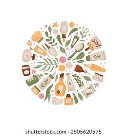Flat natural skin care product patch. Organic beauty cosmetic set as round circle sticker. Bodycare and skin routine pack as soft badge. Gentle face and body eco concept with calm color design