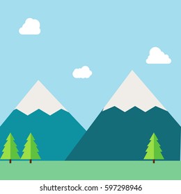 Flat natural vector illustration with mountains,forests,field and sky