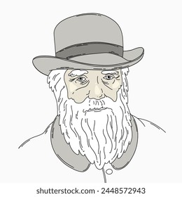 Flat naturalist and geologist Charles Darwin. Cartoon portrait with beard and hat Isolated On White Background