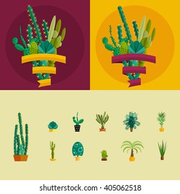 Flat nature of africa vector illustration, outdoor tropical coconut trees for garden isolated set, natural hawaii green plants with leafs, jungle floral summer background, potted exotic palm