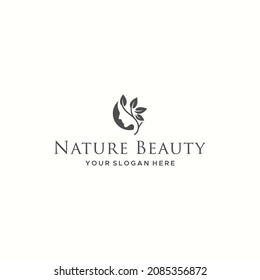 flat NATURE BEAUTY face woman leaf logo design
