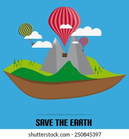Flat Nature With Clouds And Air Balloon With Save The Earth