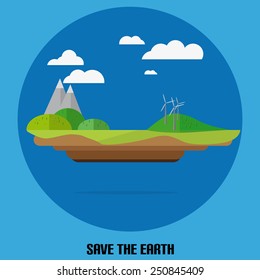 Flat Nature With Clouds And Wind Mills With Circle