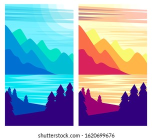 flat nature design beach and hill day and night vector illustration for posters, cover design templates, smartphone wallpapaes