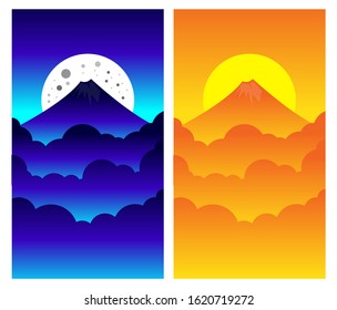 flat nature great mountain design day and night vector illustration for posters, cover design templates, smartphone wallpapers