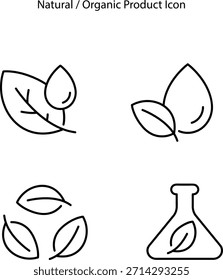 flat nature icon set with leaves, water, and beaker glass in outline style.